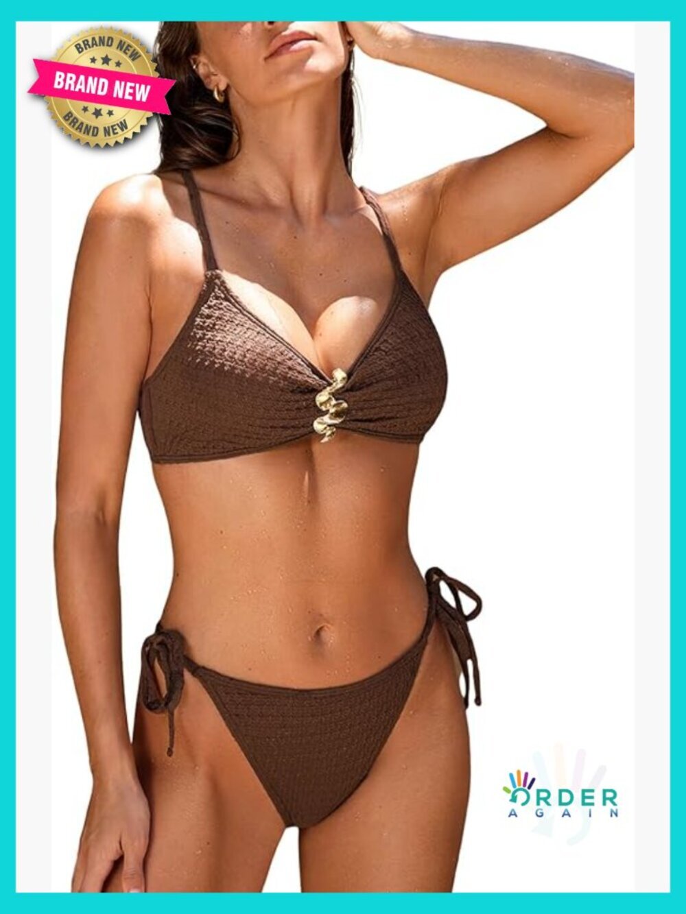 V Neck Textured Halter Crossback Self Tie Cheeky Bikini Set Two Piece Swimsuit